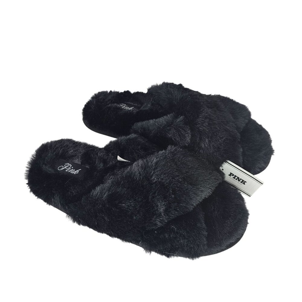 Victorias Secret Pink Black Faux Fur Slippers Small Criss Cross